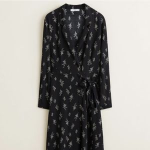 MANGO Black Wrap Dress with Lily of the Valley Floral S